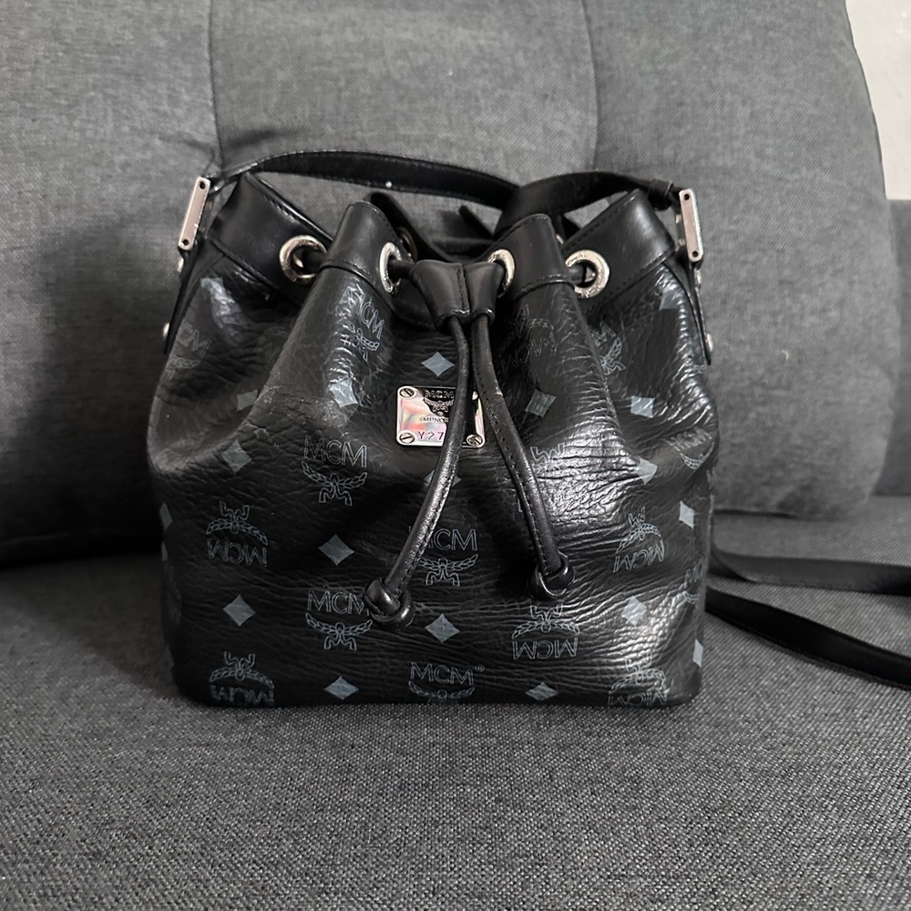MCM Black Shoulder Bag with Monogram Print and Drawstring Closure bucket small
